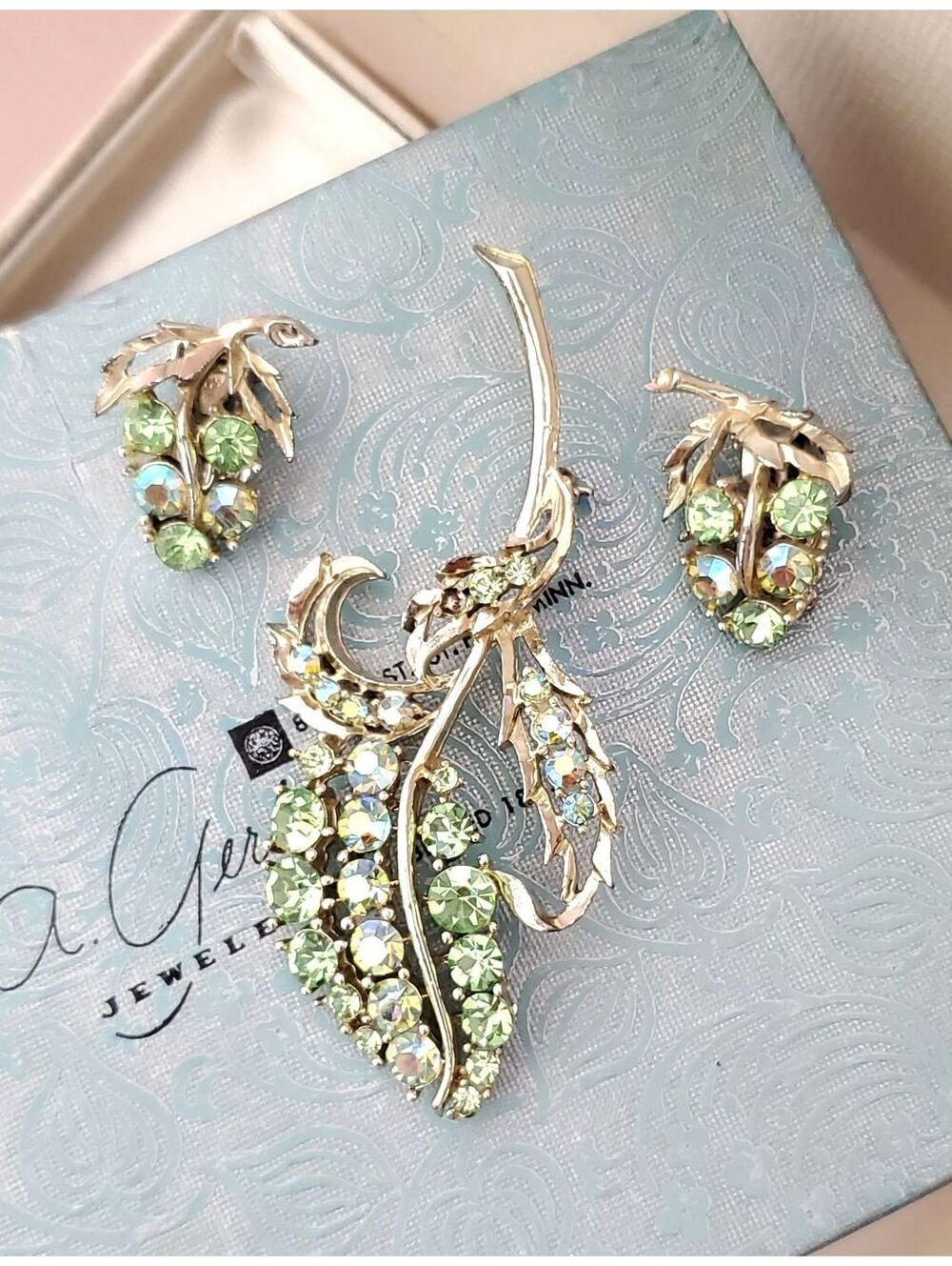 Vintage Light Green AB Rhinestone Floral Brooch and Earring Set